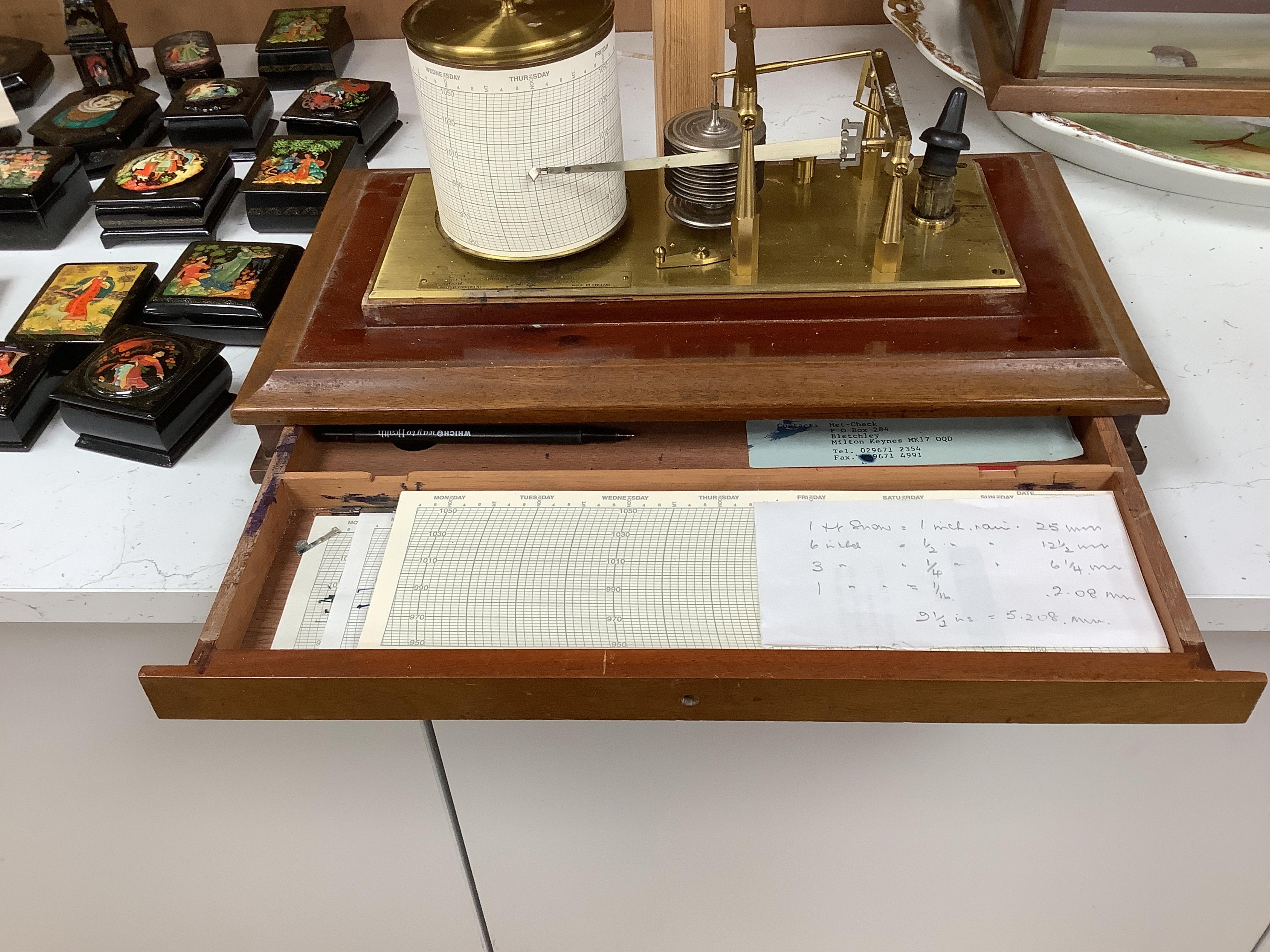 A Negretti & Zambra mahogany cased barograph, 42cm high